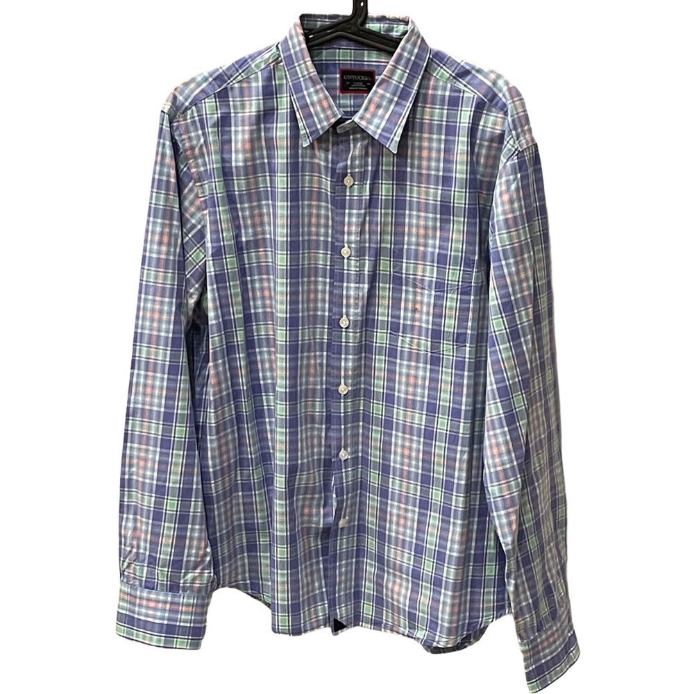 UntuckIt Men's Sz Large Blue Multicolor Plaid Long Sleeve Button Front Shirt euc